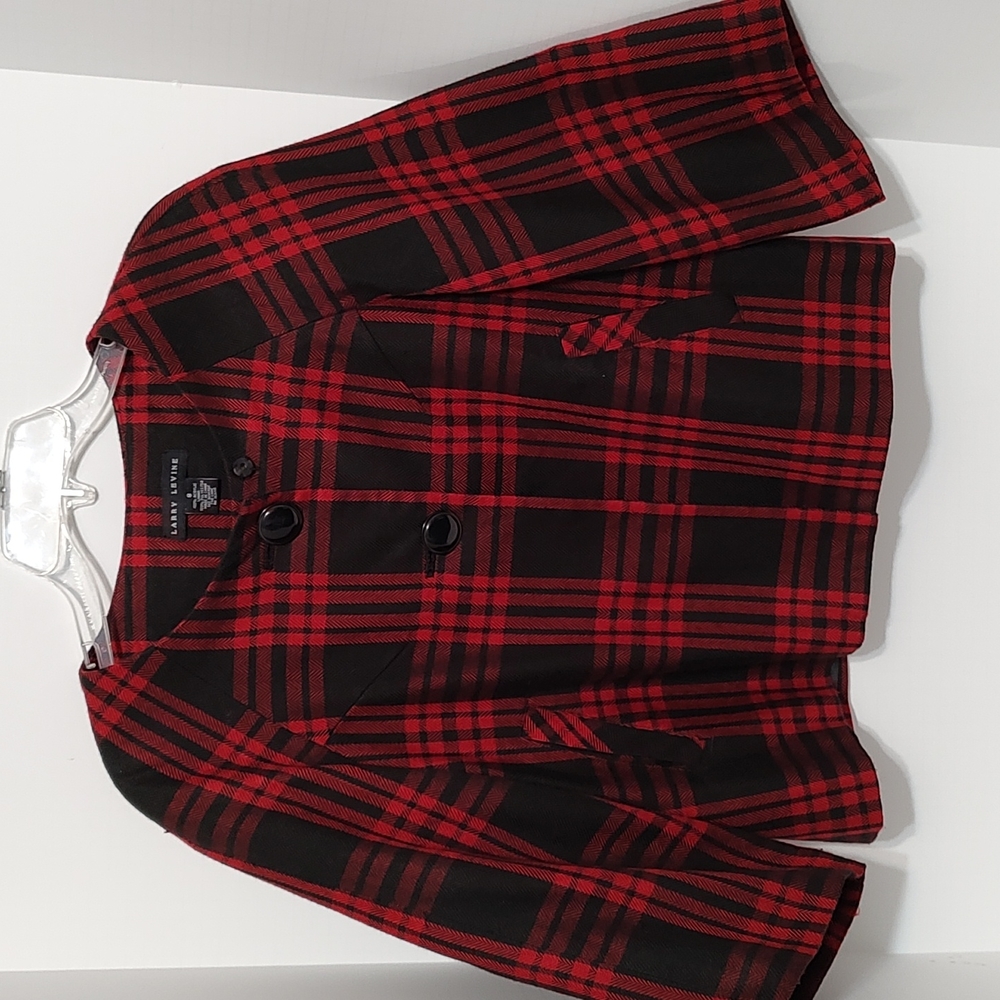 Red & Black Plaid Larry Levine Cropped Swing Jacket / Blazer sz 8